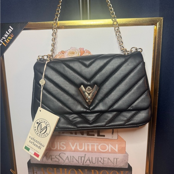 Valentino Orlandi Black Quilted Shoulder Bag with Gold Chain